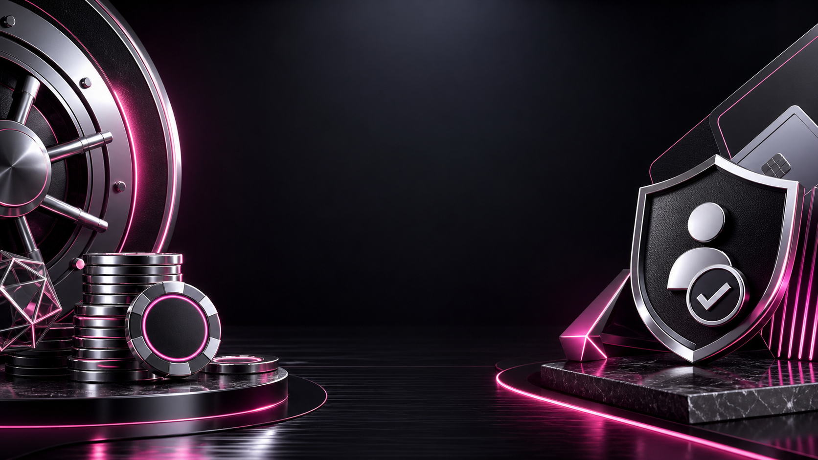 Platin Casino Kassenwelt mit Tresor, Jetons und magentafarbenem Licht